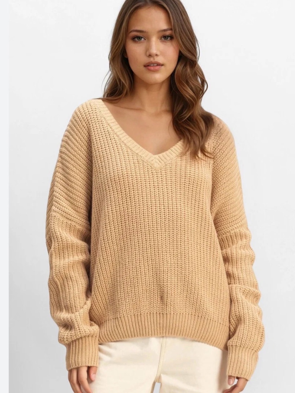 Forever 21 Camel V-Neck Front & Back Chunky Knit Sweater